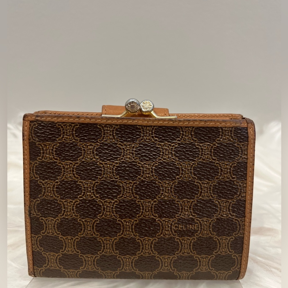 Celine Vintage Paris Kisslock Compact Leather & Canvas Wallet - Picture 2 of 9